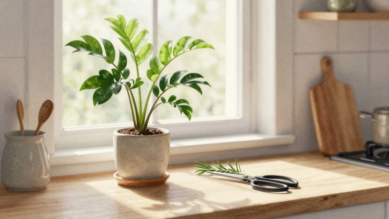 Замиокулькас на кухонном подоконнике с розмарином на столе — символ устойчивости и заботы.