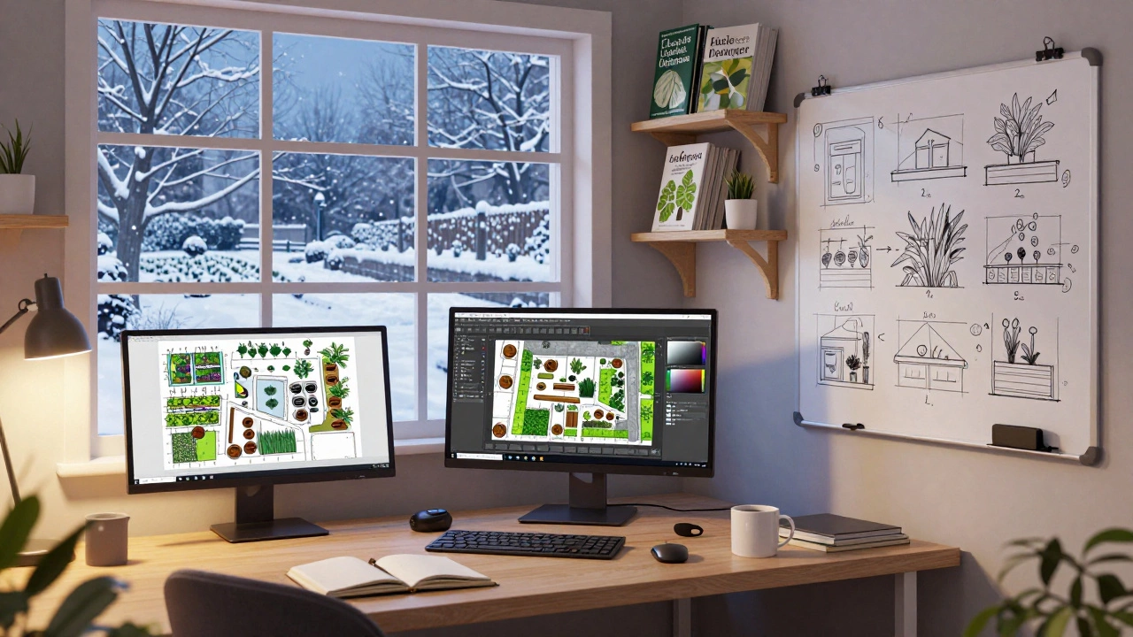 Зимний рабочий стол ландшафтного дизайнера с мониторами, чертежами и окном за ним, покрытым снегом.