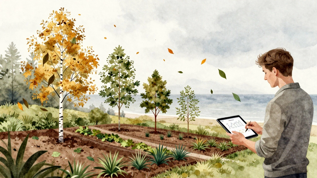 Дизайнер на холмистом участке в Калининграде смотрит на план роста берёзы, показанный цифровыми проекциями над реальными саженцами.