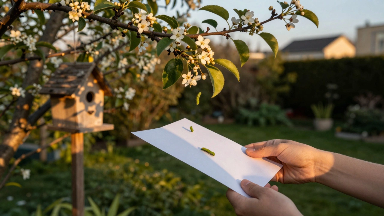 Гусеницы падают на белый лист при потрясивании ветки яблони.