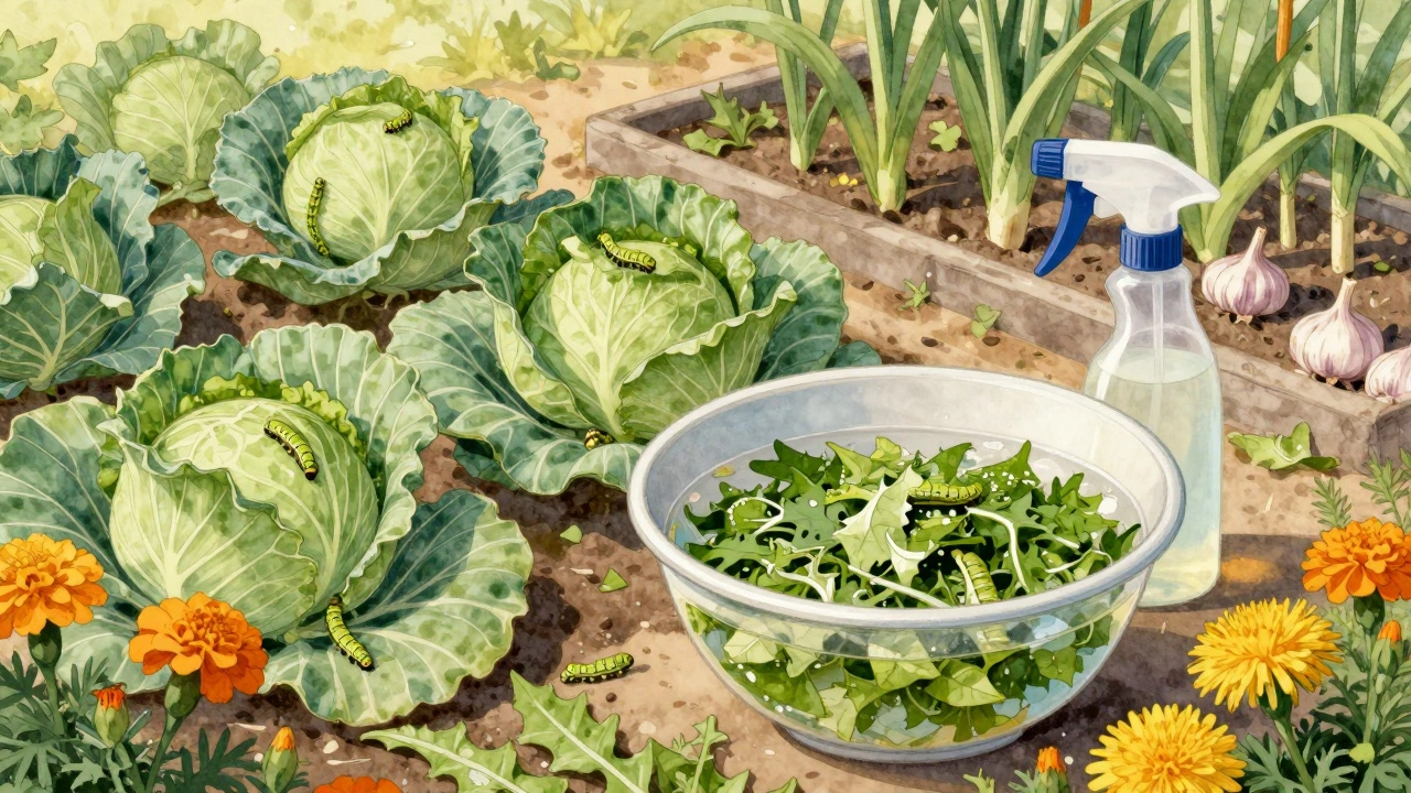 Капуста с гусеницами и рядом — настой из одуванчиков в миске.