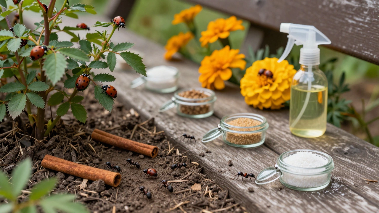 Муравьиная тропа к розе с корицей и ловушками, рядом — божьи коровки.