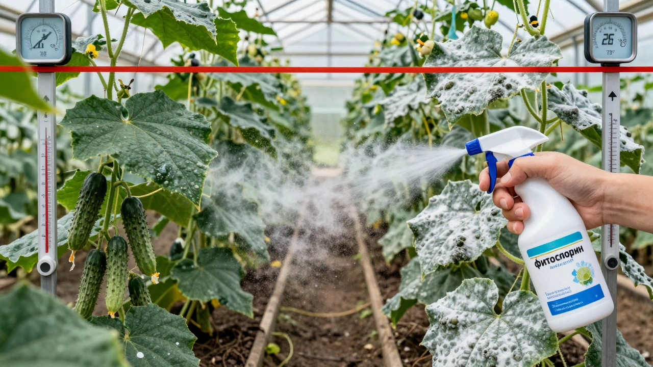На одном конце теплицы — здоровые огурцы, на другом — дыни с мучнистой росой, между ними — линия разделения и биопрепарат.
