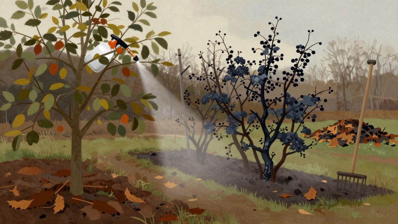 Осеннее садовое лечение: три зоны обработки — дерево, кустарник и почва под ними, туман и тёмные пятна на коре.