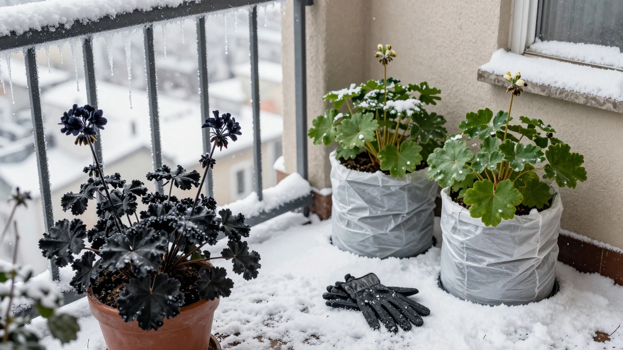 Разделённая сцена: погибшие герани на ветру слева и защищённые растения справа, перчатки между ними.