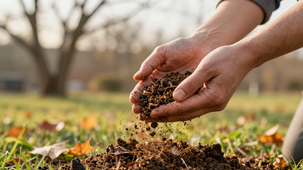 Руки садовника рассыпают перепревший компост на газон, вокруг — признаки смены сезонов, акцент на естественном процессе.
