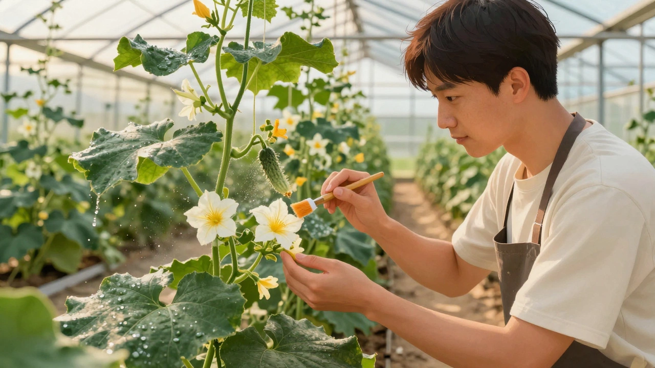 Садовник вручную опыляет цветки дыни кисточкой в теплице, огурцы видны вдали через проход.
