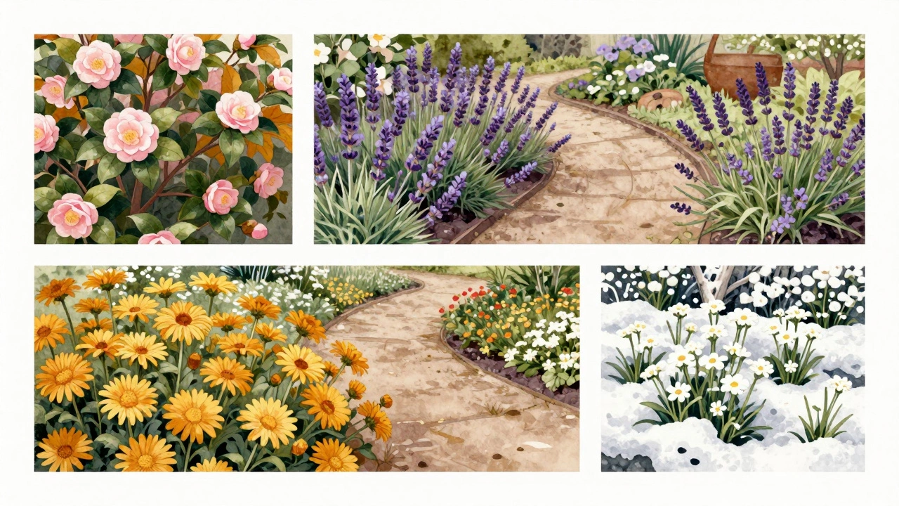 Сезонный цикл цветения в саду: камелия, лаванда, астры и иберис в разное время года.