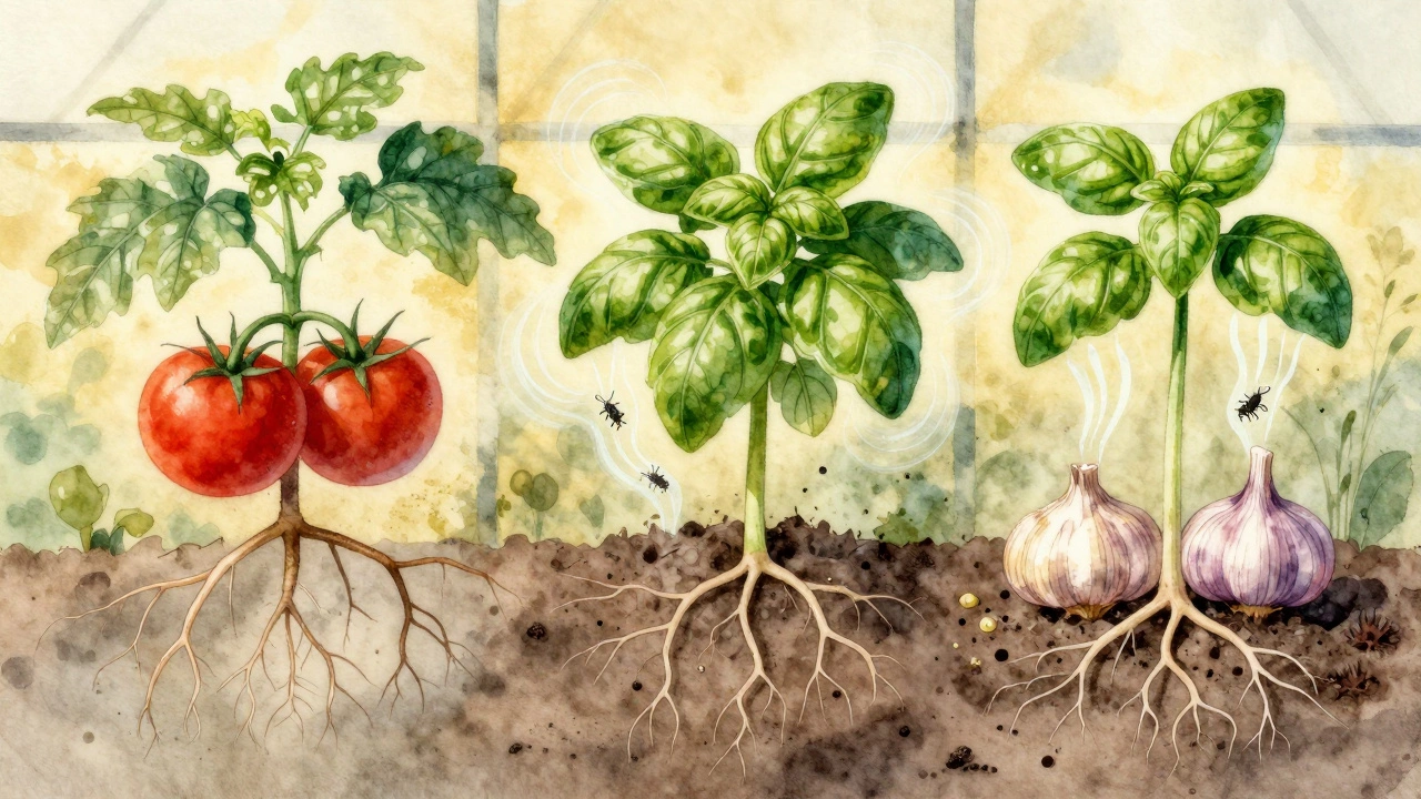Схема взаимодействия растений: томаты, перец, базилик и чеснок в симбиозе