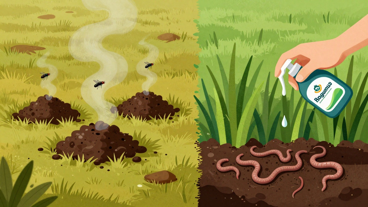 Сравнение повреждённого газона с свежим навозом и здорового газона с биогумусом — контраст разрушения и восстановления.