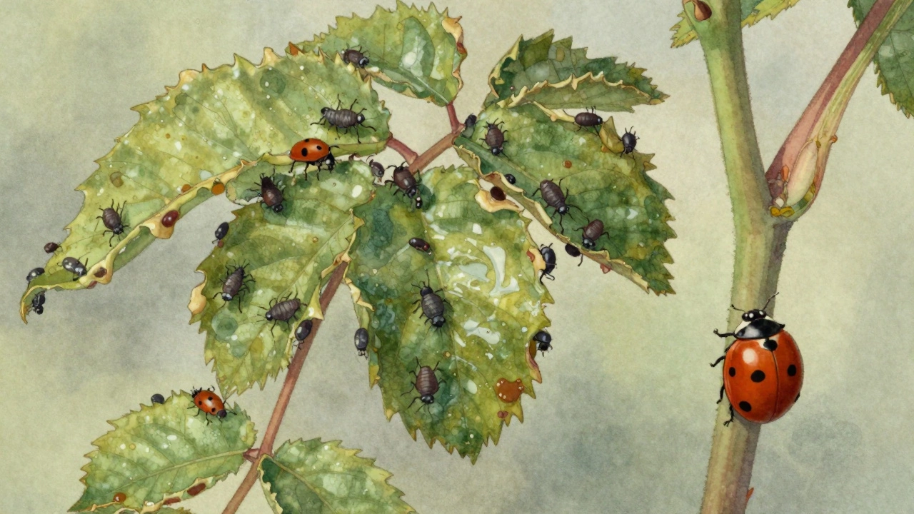 Тля сосёт сок с нижней стороны листа розы, рядом божья коровка.