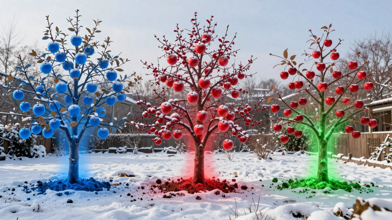 Три фруктовых дерева с невидимыми питательными потоками в земле под легким снегом.