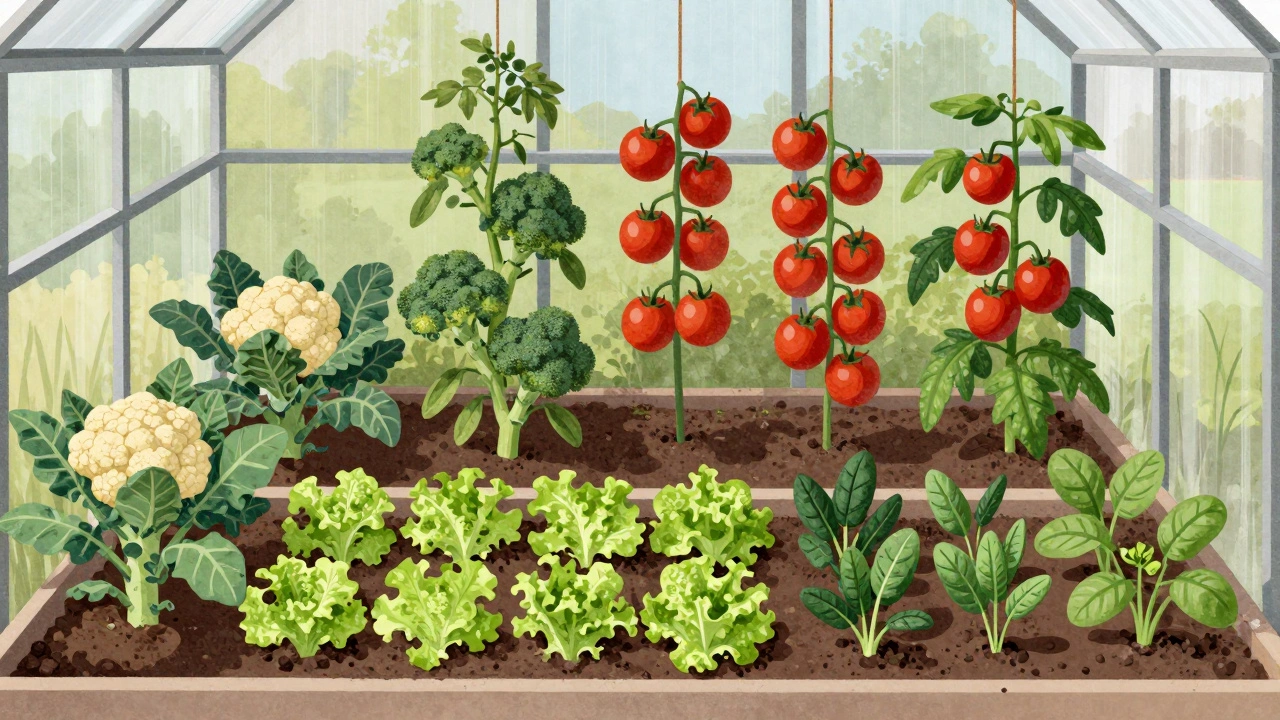 Вертикальная посадка в теплице: капуста на северной стене, помидоры в центре, салат спереди