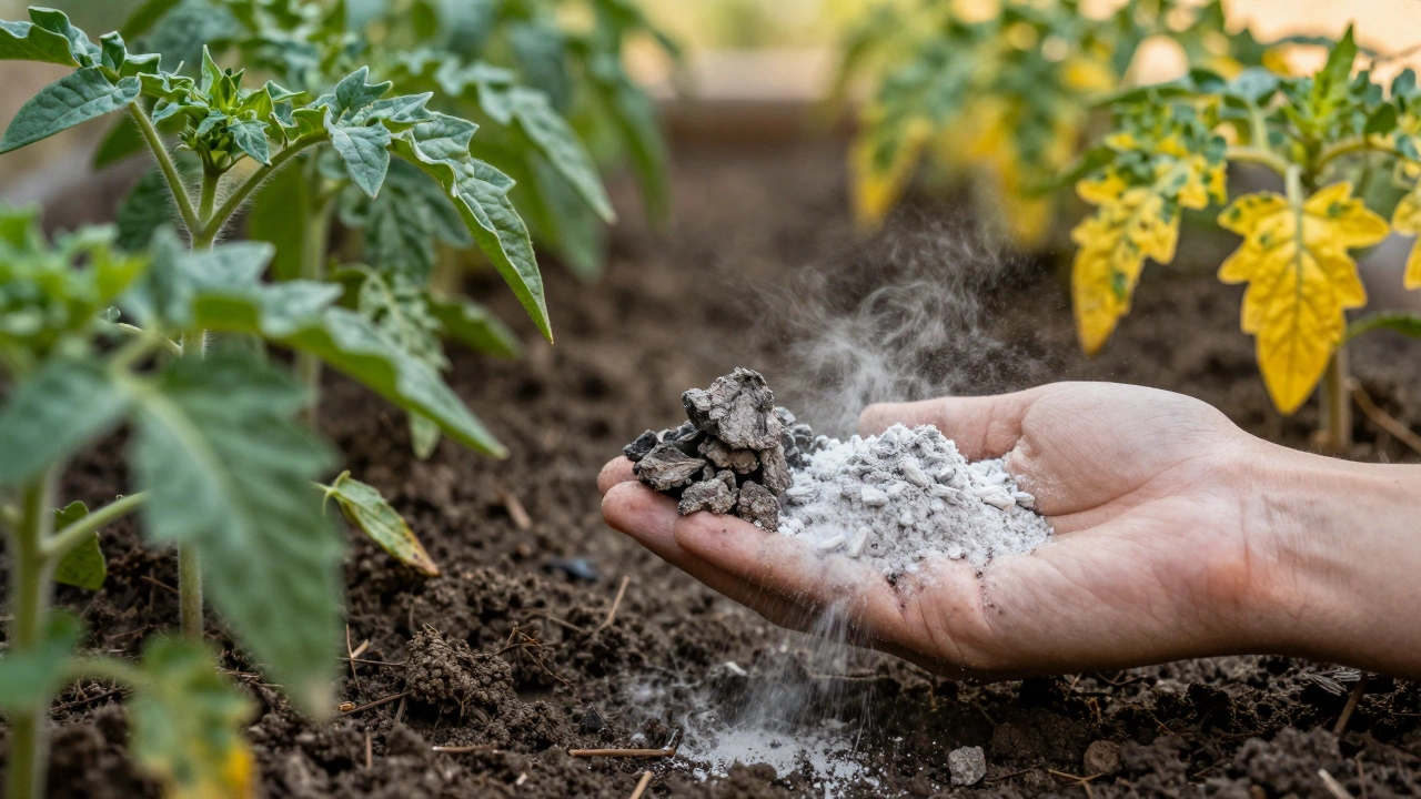 Здоровые и пожелтевшие растения рядом с двумя типами остатков сжигания.