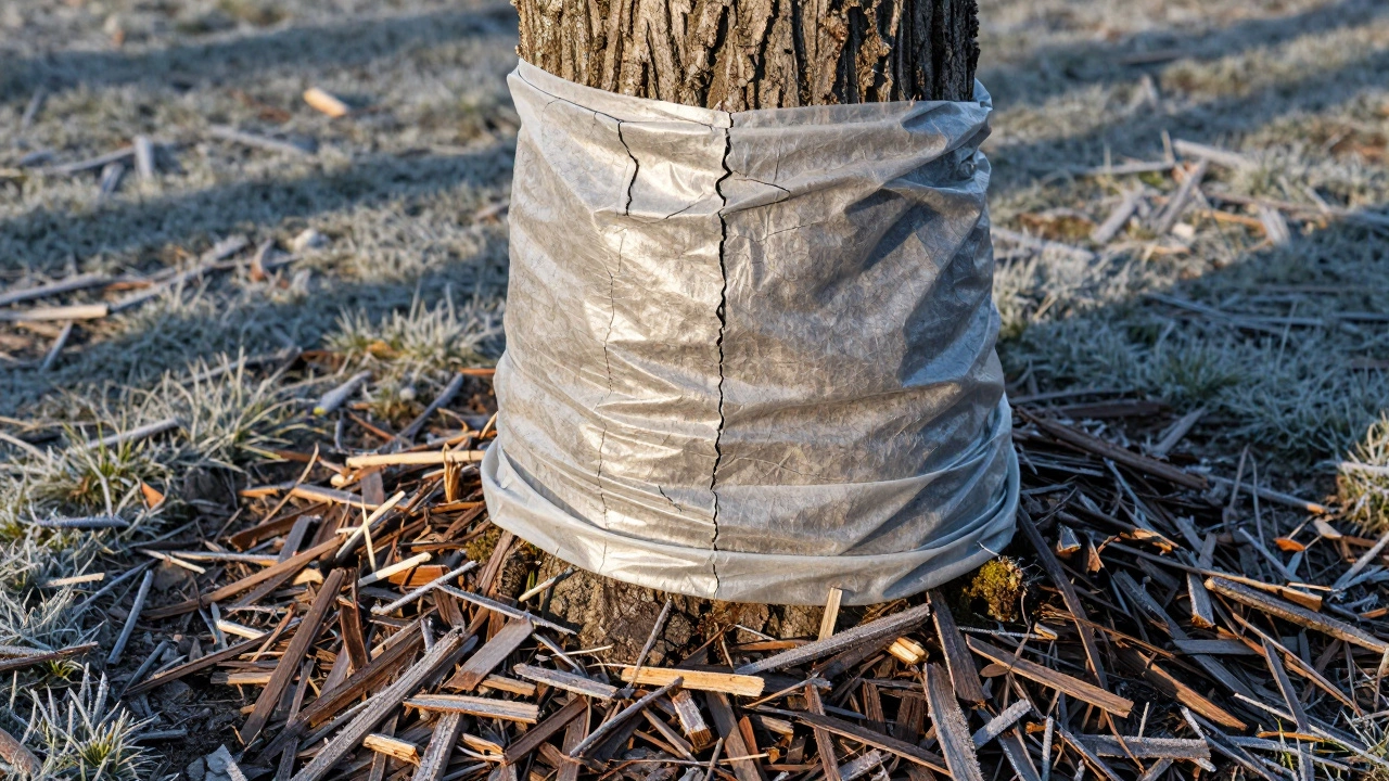 Зимняя защита дерева: ствол обмотан мешковиной, у основания — слой древесных опилок, на земле легкий иней.