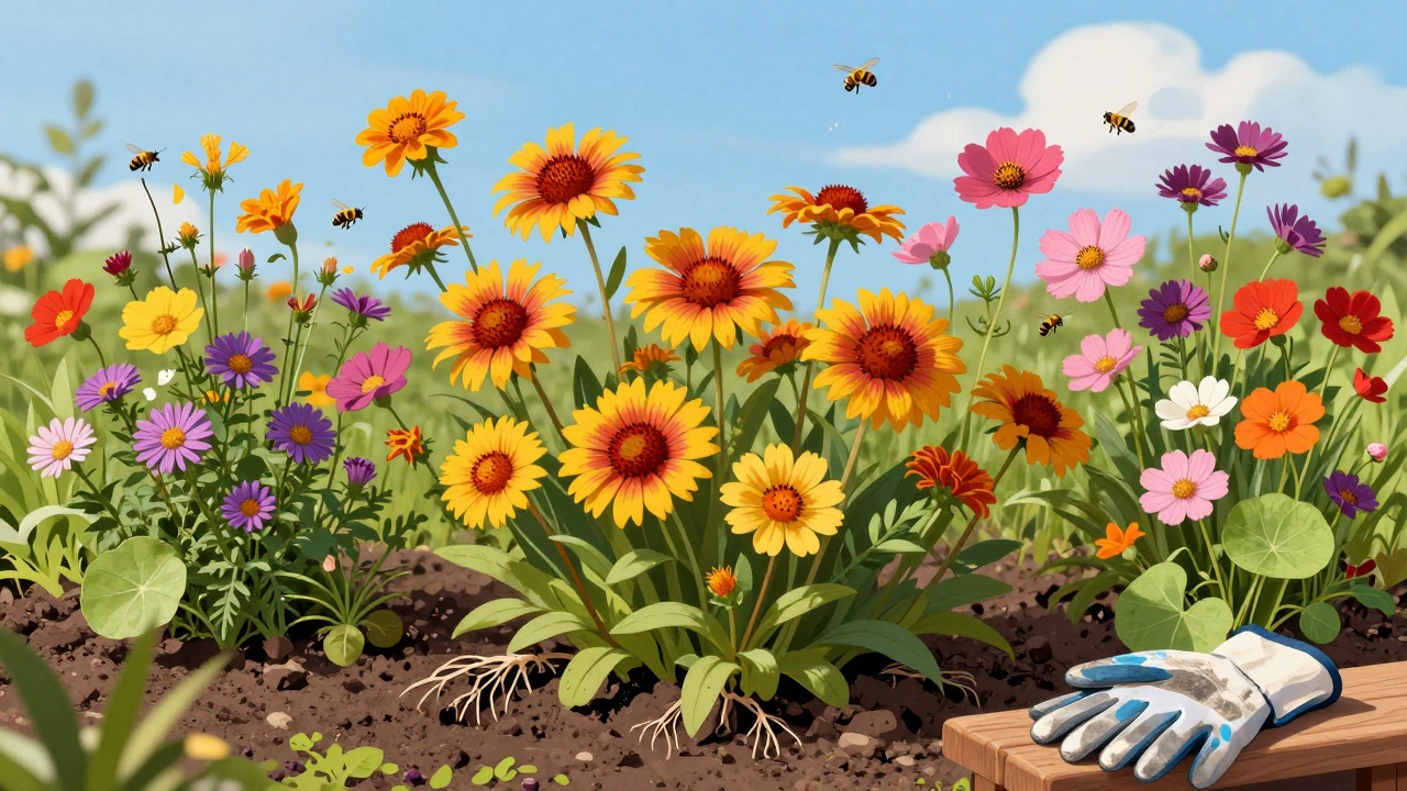 Яркая клумба в полном цвету с гацанией, космеей, настурцией и астрами, насекомые летают вокруг цветов.