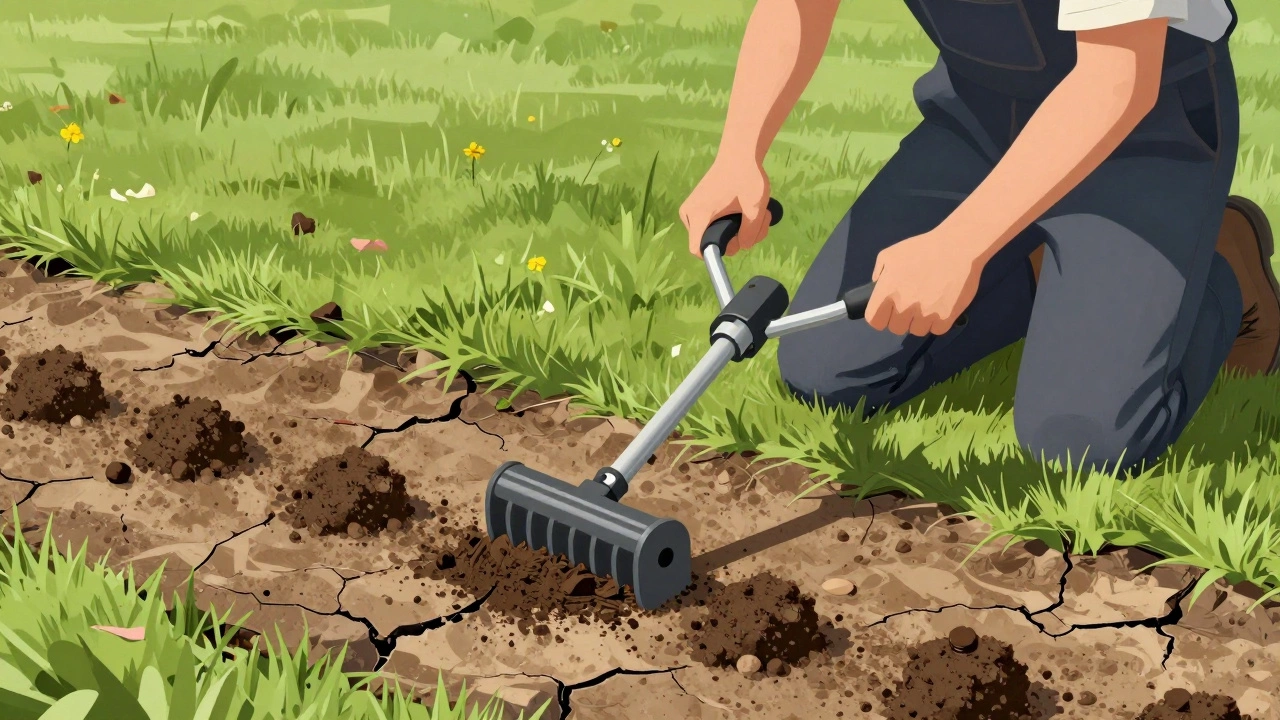 Человек использует аэратор для рыхления почвы газона