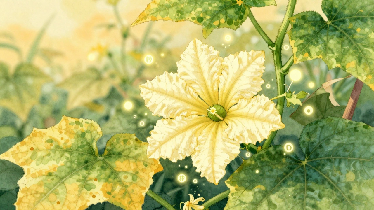 Цветущий огурец с видимыми питательными элементами, здоровые завязи и листья на фоне поврежденных.