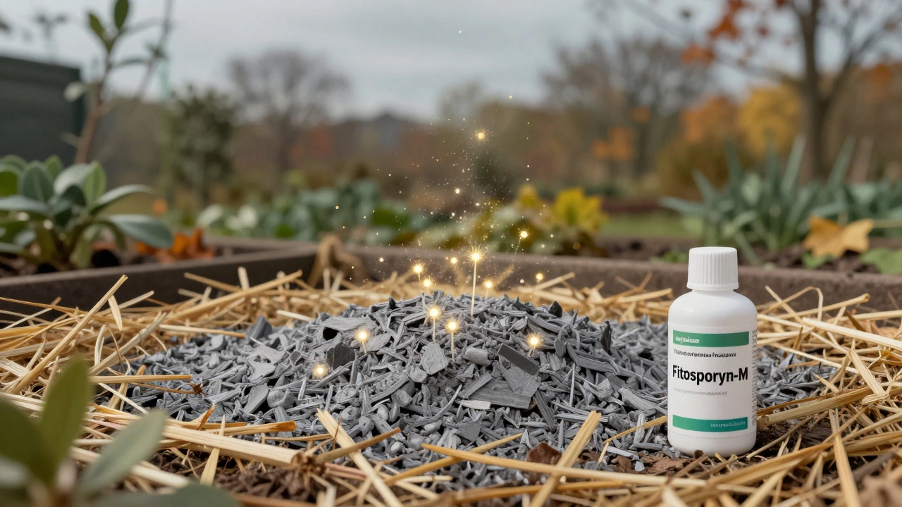 Грядка покрыта соломой и древесной золой, символизируя естественную защиту от болезней без химии.