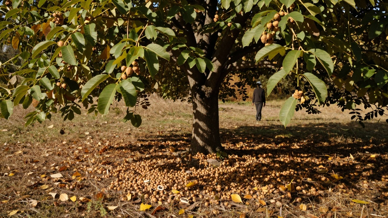 Грецкий орех с опавшими орехами на земле, рядом листья и тень, символизирующий безуходный сад.
