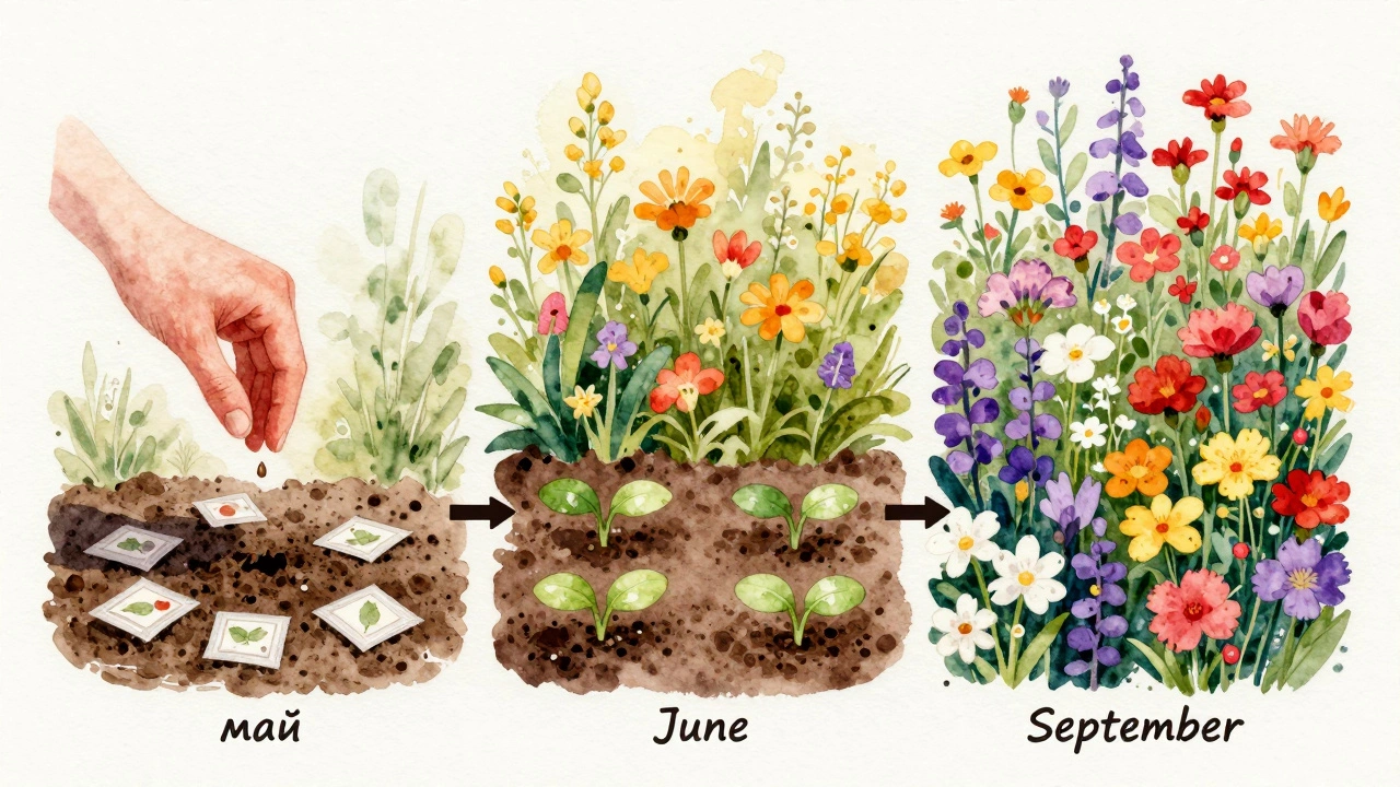 Концептуальная сцена сезонного роста цветов: от семян в мае до пышного цветения в сентябре, без людей и инструментов.