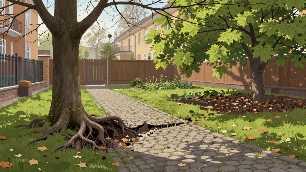 Корни клёна поднимают дорожку и убивают газон рядом с домом в Калининграде.