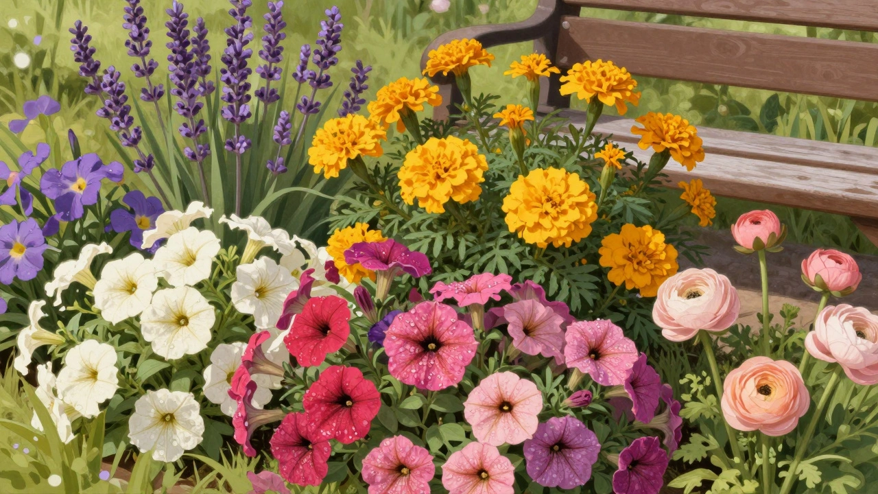 Летняя клумба с петуниями, бархатцами и лавандой в Калининграде.