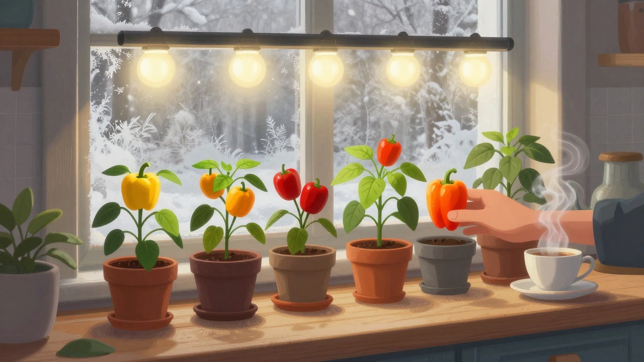 На кухонном подоконнике зимой растут перцы под LED-подсветкой, с яркими плодами и инеем на окне.