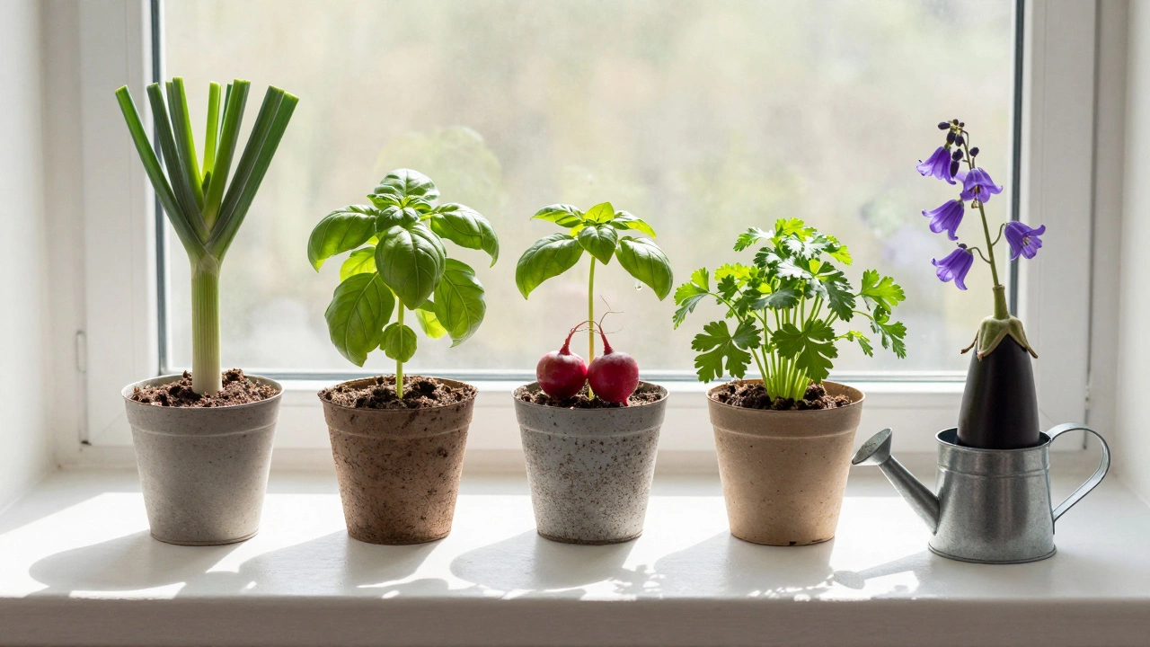 На подоконнике растут разные овощи и зелень: лук, базилик, редис и баклажан с фиолетовыми цветами.