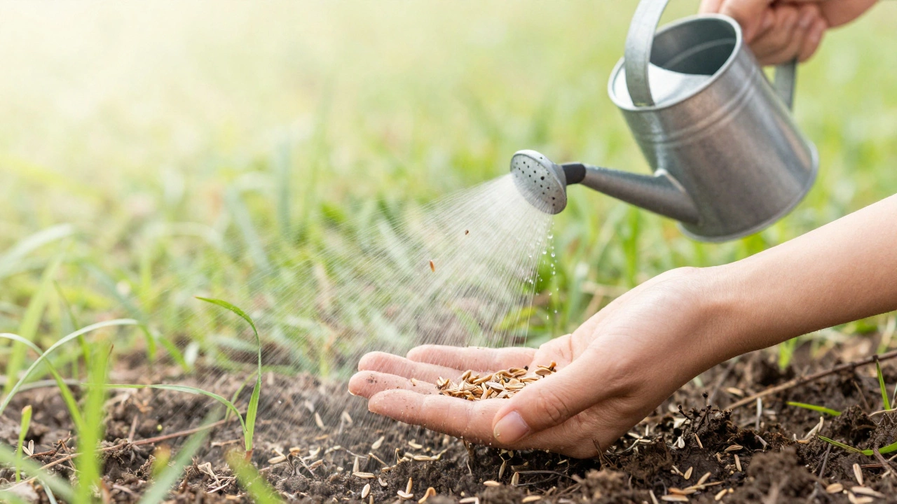 Посев семян и полив подготовленного газона