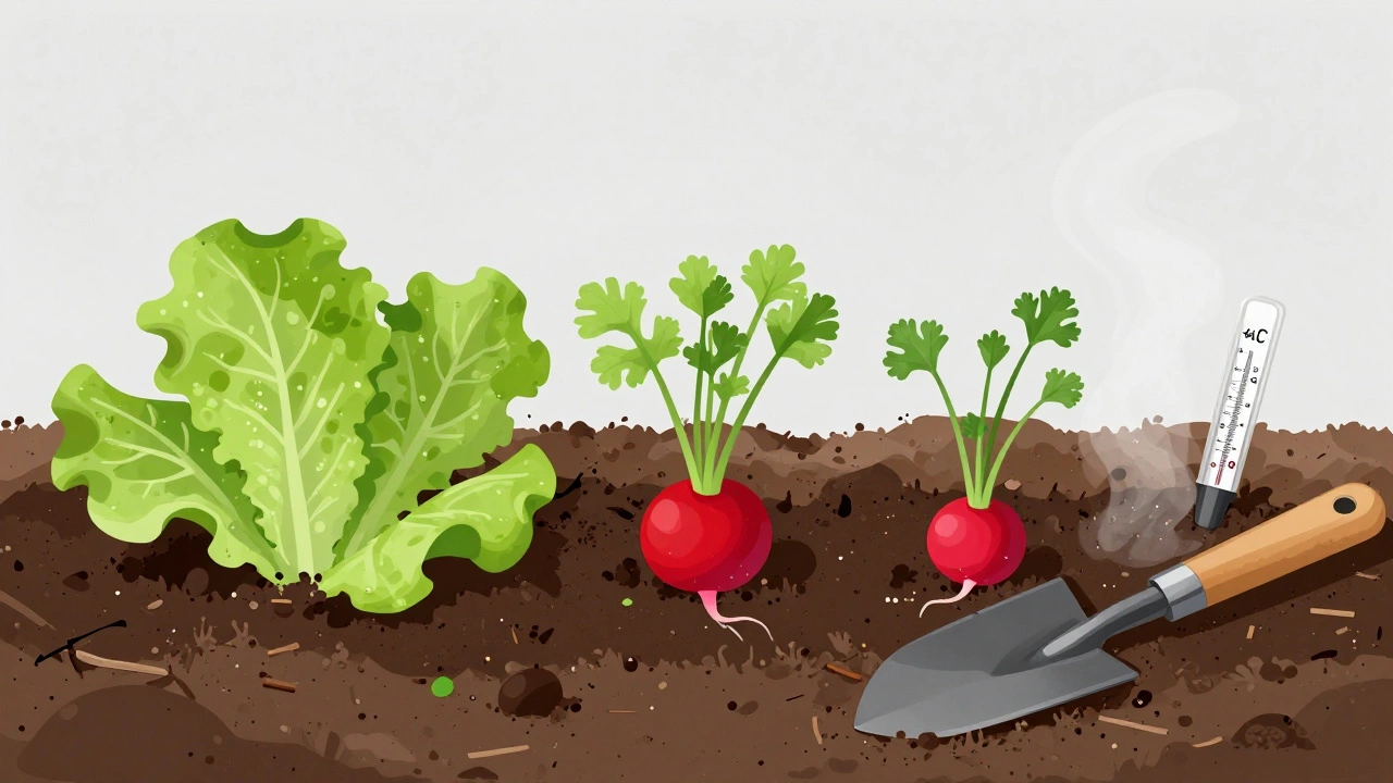 Ранние всходы салата, редиса и петрушки на подогреваемой грядке из компоста в Калининграде.