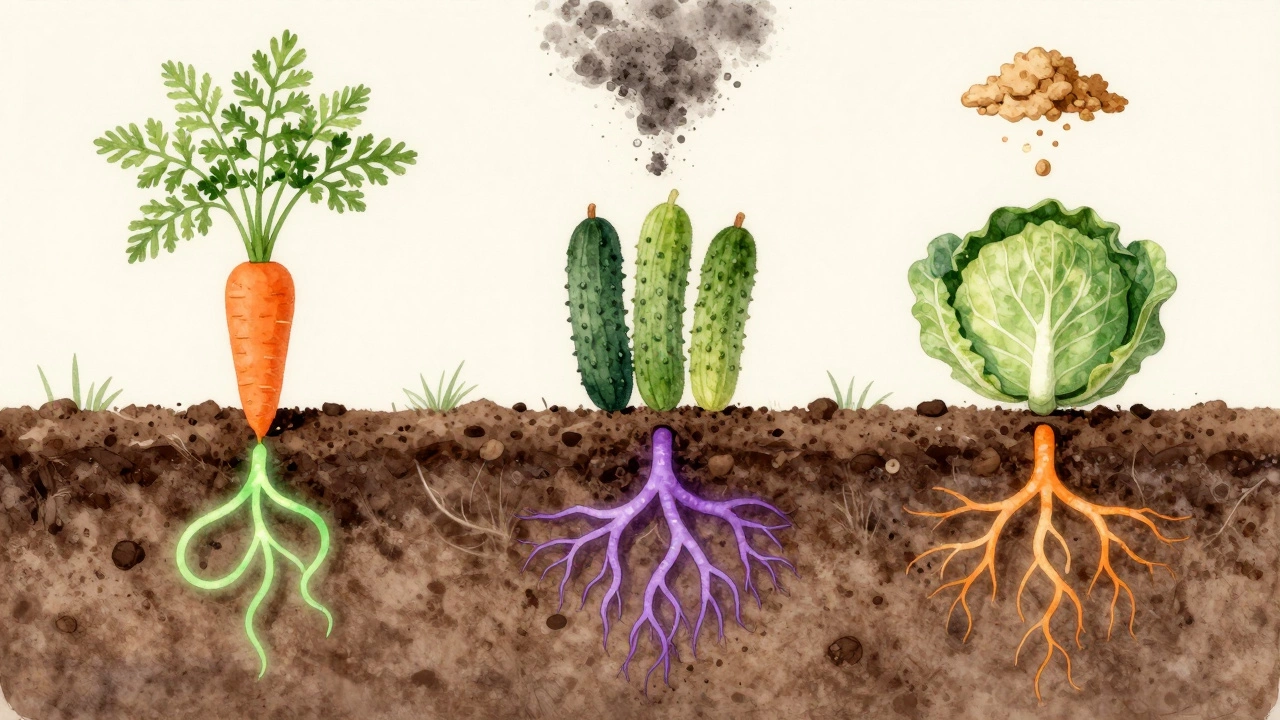 Разрез почвы с показом абсорбции азота, фосфора и калия корнями овощей, натуральные удобрения сверху.