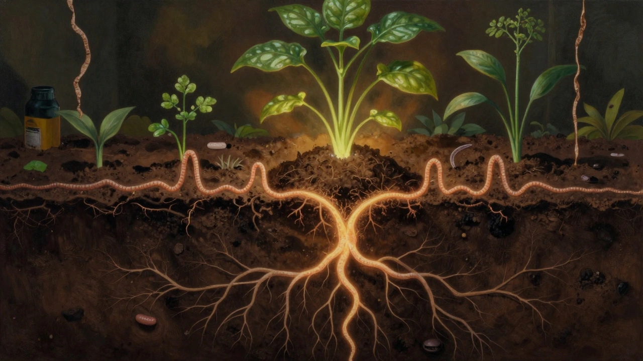 Разрез почвы с живыми корнями, червями и микробными сетями, питающими растения от центра компоста.