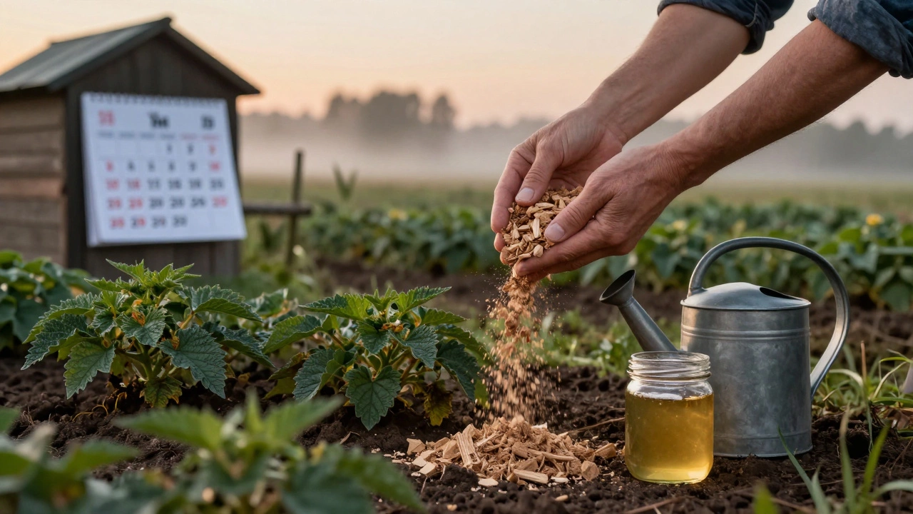 Руки посыпают золой вокруг картофеля на закате, рядом стоят канистра с настоем и календарь подкормок.