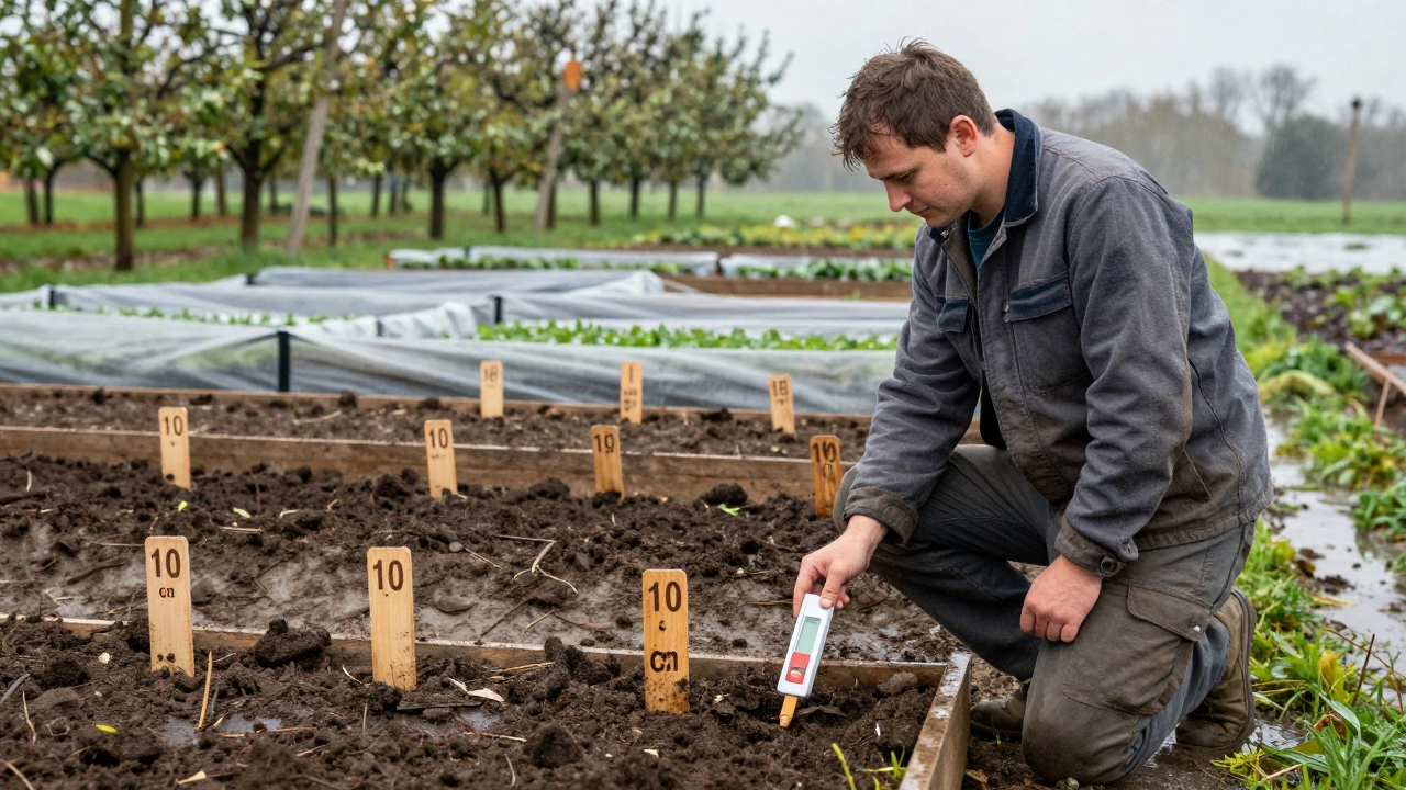 Садовник измеряет температуру почвы термометром рядом с грядками, покрытыми агротканью в Калининграде.