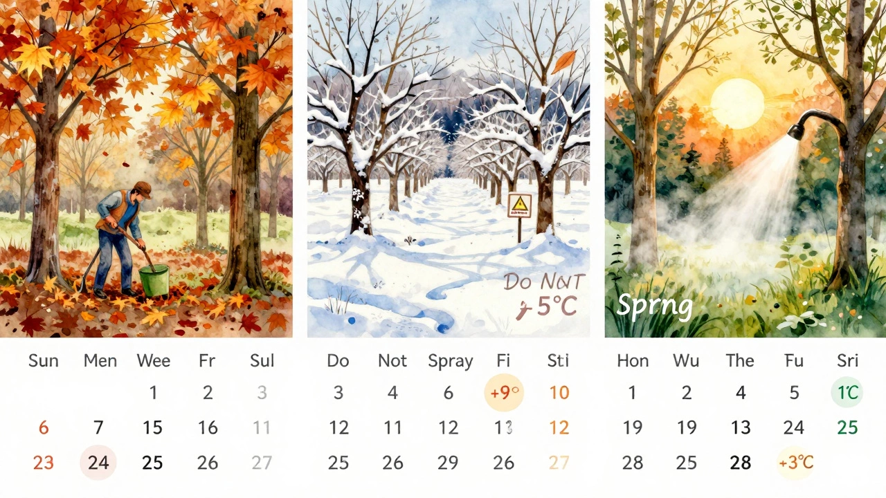 Сезонный календарь садоводства: осень, зима и весна, показывающие правильное и неправильное время обработки деревьев.
