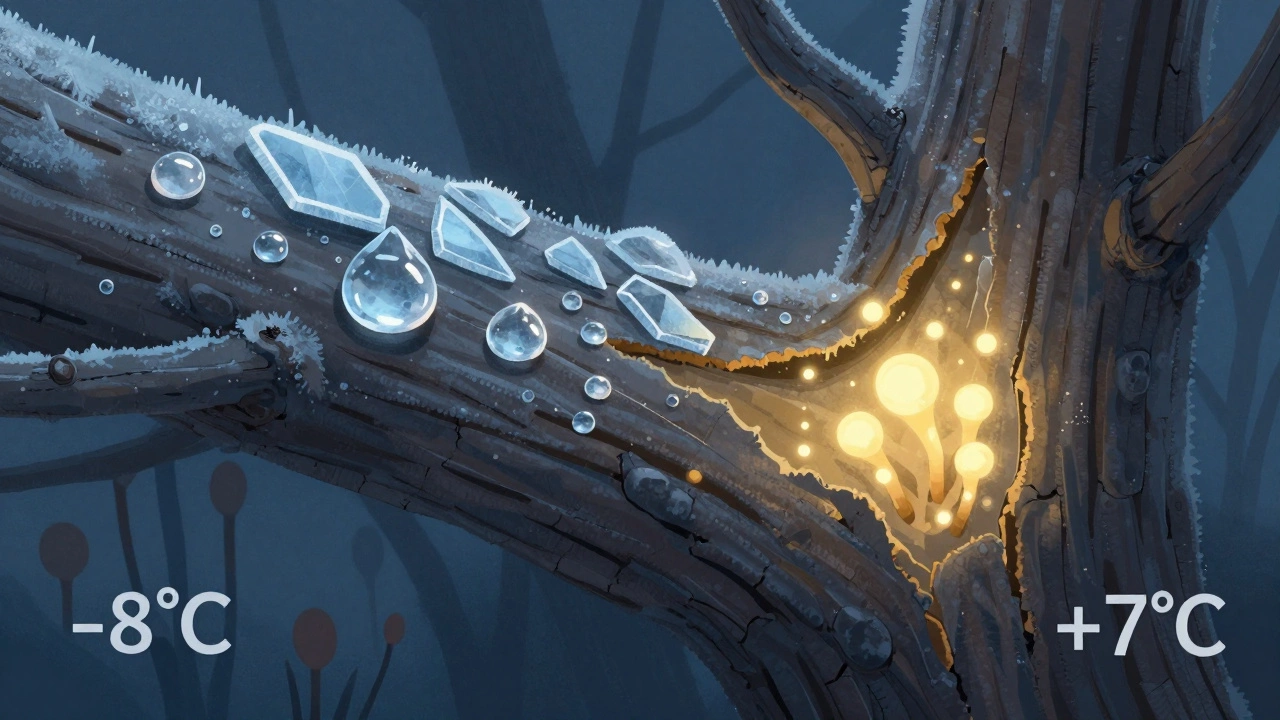 Сравнение: замерзший раствор на морозе слева и эффективное проникновение раствора при плюсовой температуре справа.