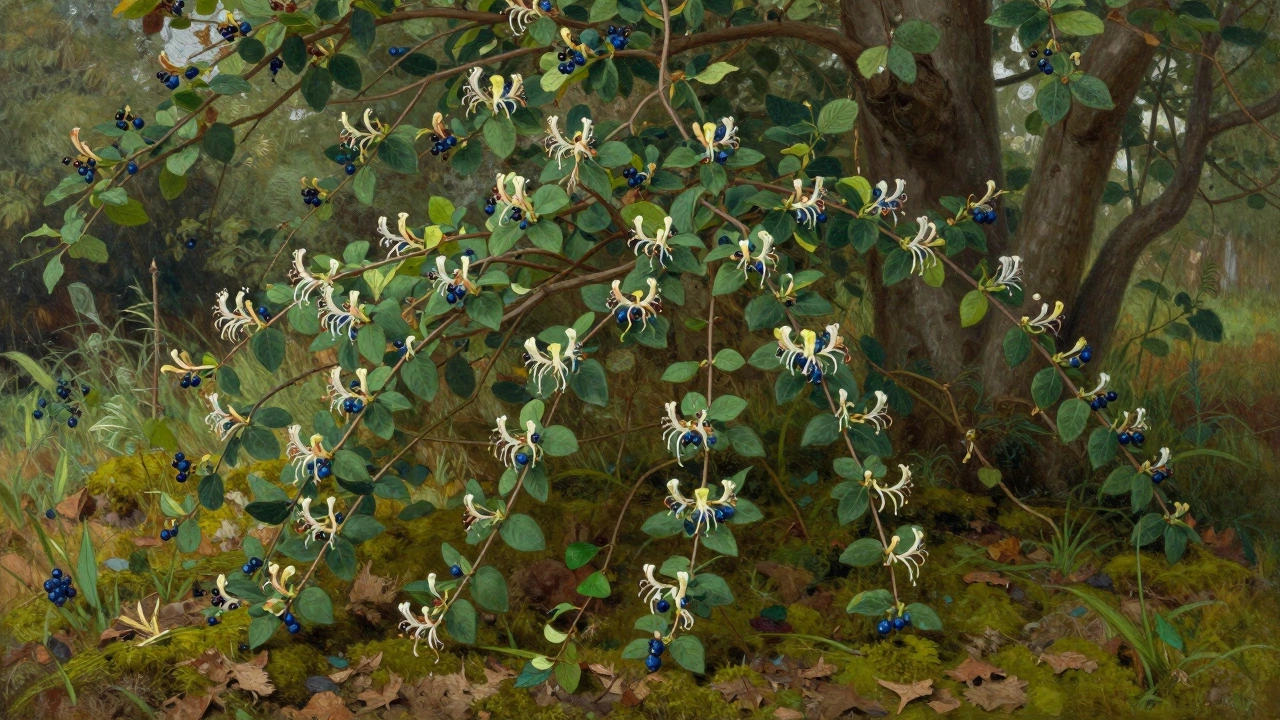 Жимолость под деревом с ягодами на фоне мхистой земли, без садовых инструментов.