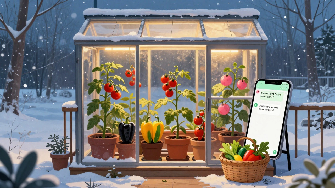 Балкон зимой с горшками томатов и редких перцев, за окном снег, включены лампы.