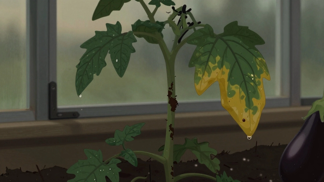 Болеющие листья баклажана и помидора в теплице с признаками фитофторы и каплей воды на листе.