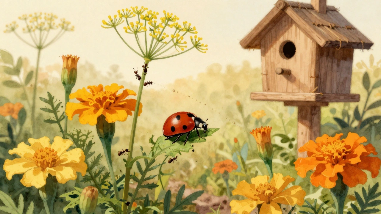 Божья коровка на листе рядом с календулой и укропом, муравьи ползут по стеблю.