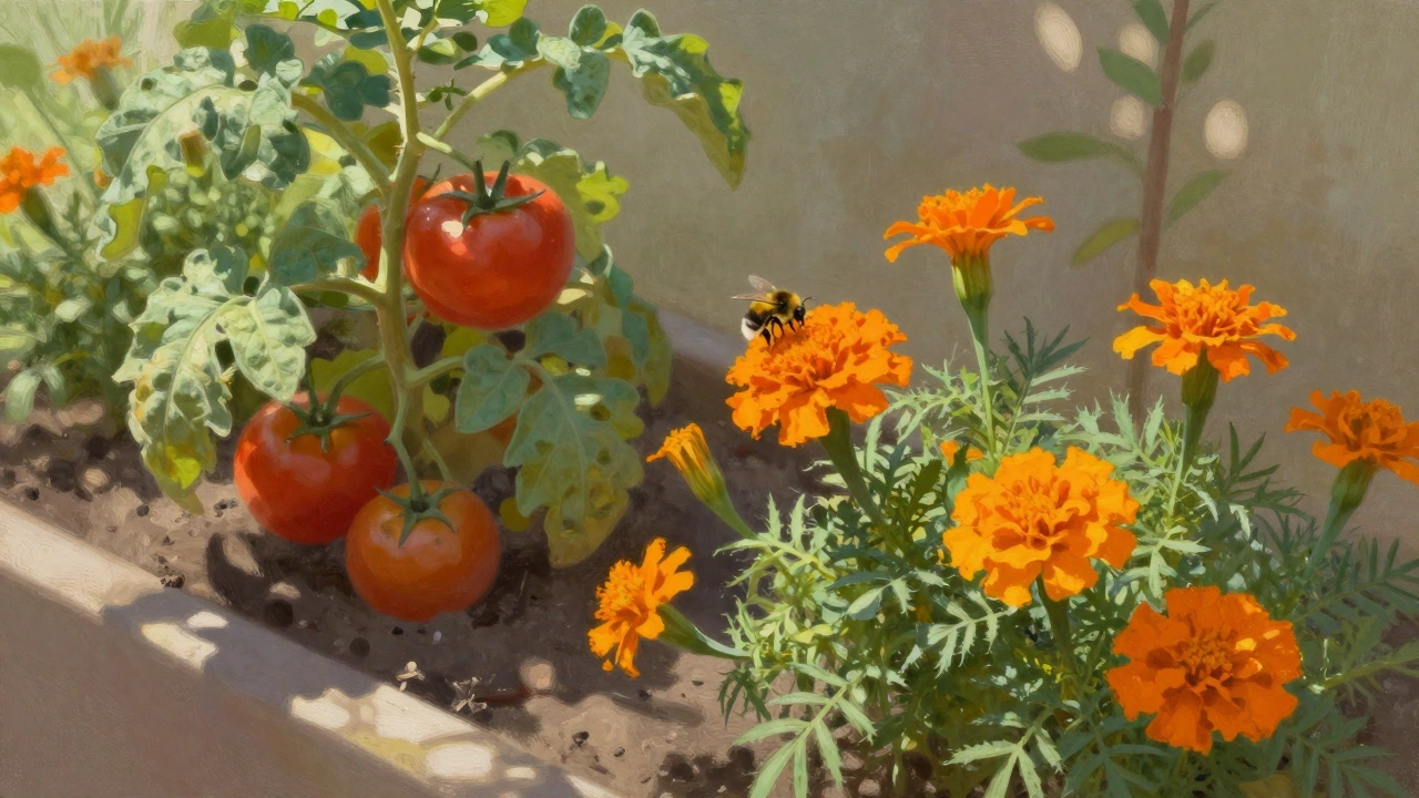 Грядка с помидорами и бархатцами, пчела на цветке.
