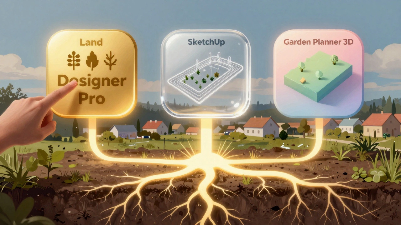 Концептуальная иллюстрация: три программы ландшафтного дизайна, связанные с данными о почве, солнце и росте растений — только одна полностью интегрирована с российскими условиями.