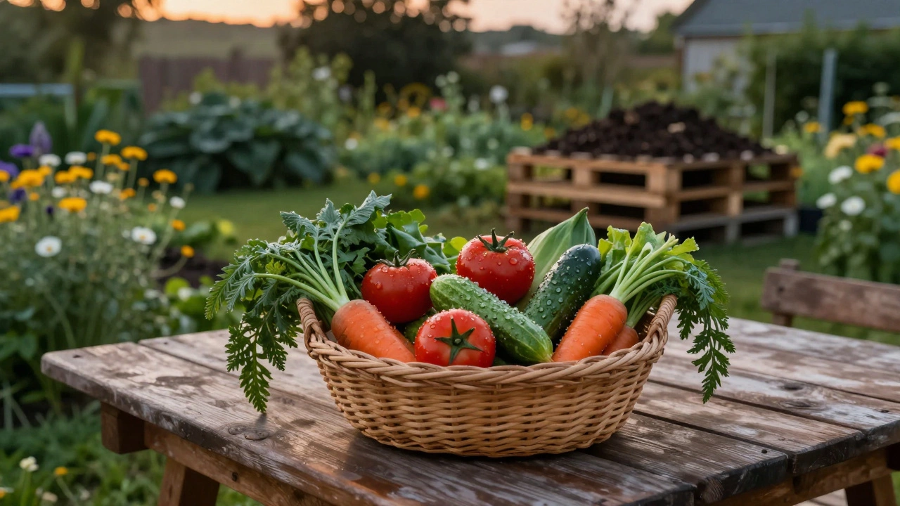 Корзина с собранным урожаем овощей на деревянном столе