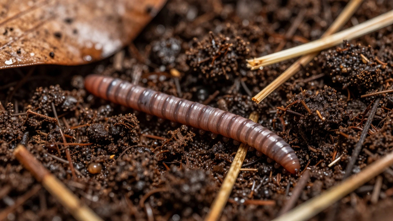 Крупный план дождевого червя в богатой почве.