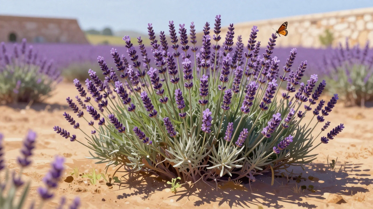 Лаванда расцветает в зной, с фиолетовыми соцветиями на сухой песчаной почве.