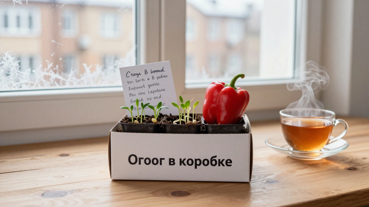 Подарочная коробка с горшком и семенами, рядом открытка и чашка чая.