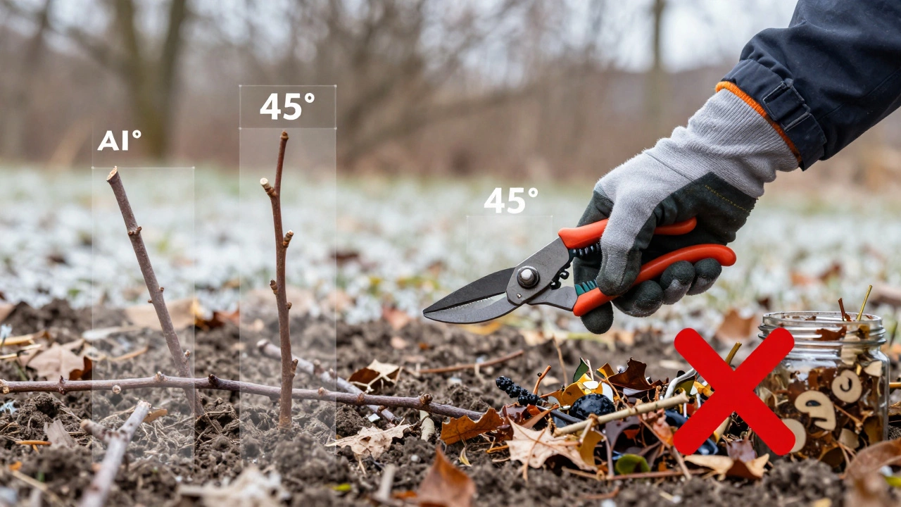 Рука с чистым секатором на фоне замёрзшей земли, схемы правильных срезов и запрещённых практик.