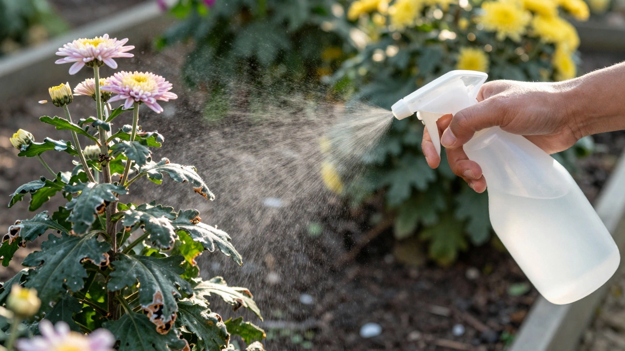 Рука с распылителем обрабатывает хризантему мыльным раствором, видны скрученные листья.