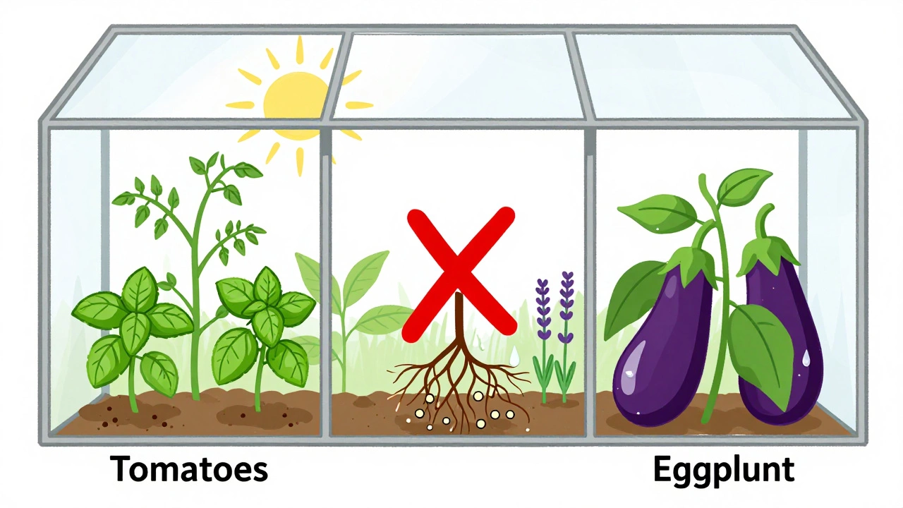 Схематичное изображение разделённой теплицы с помидорами, баклажанами и их совместимыми растениями, с запрещающим символом между ними.